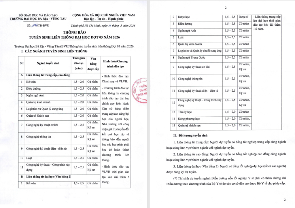THÔNG BÁO TUYỂN SINH LIÊN THÔNG ĐẠI HỌC ĐỢT 03 NĂM 2026