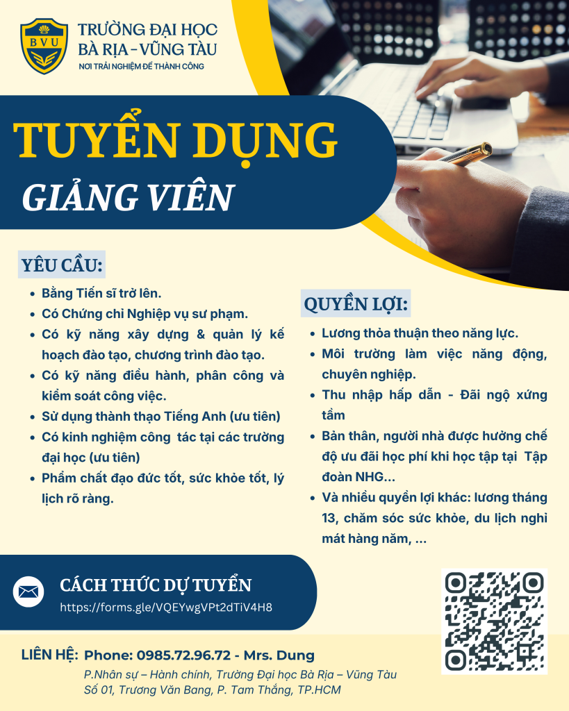 TRƯỜNG ĐẠI HỌC BÀ RỊA – VŨNG TÀU TUYỂN DỤNG GIẢNG VIÊN