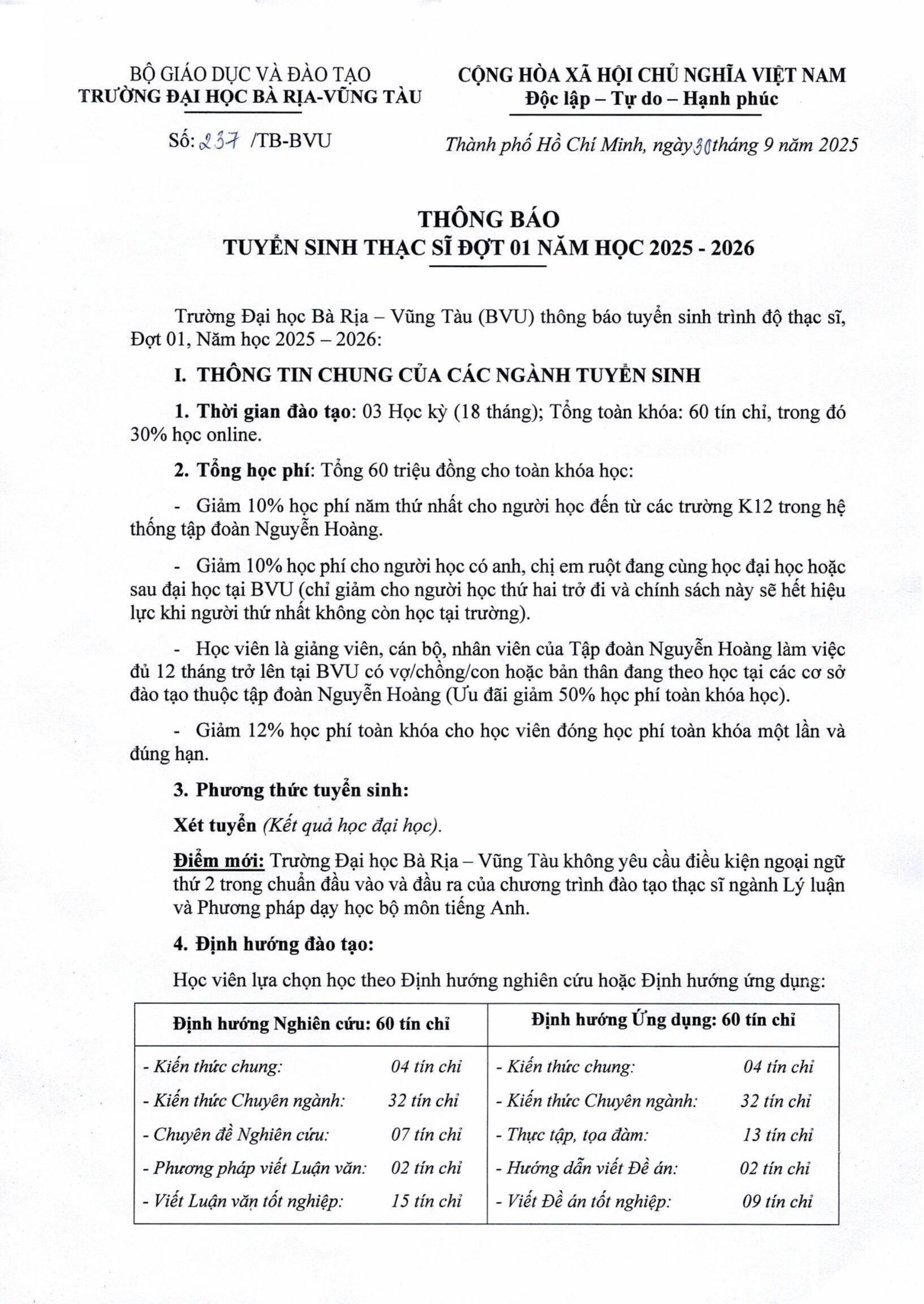 Thông báo Tuyển sinh Thạc sĩ đợt 01 năm học 2025-2026