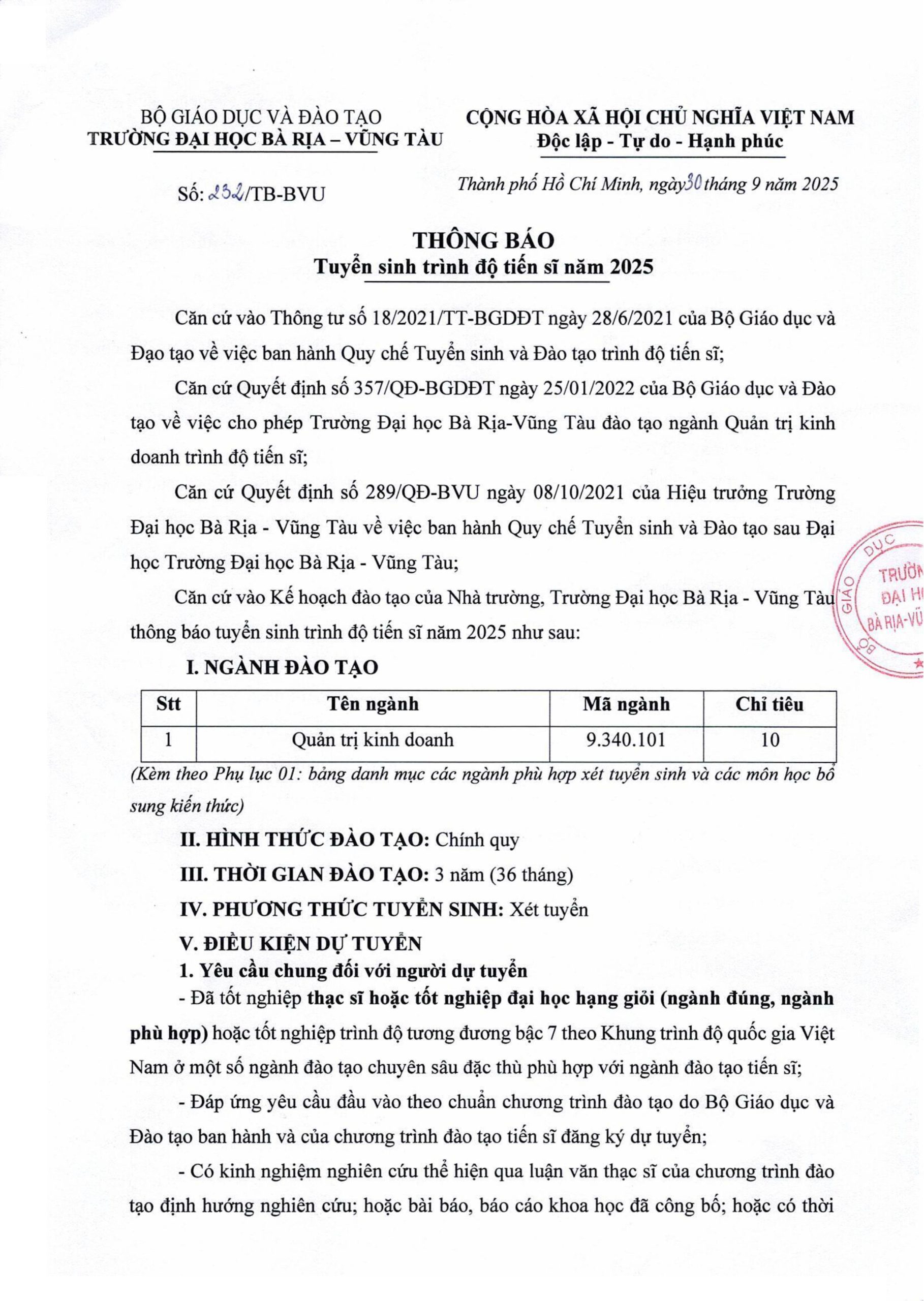Thông báo Tuyển sinh trình độ Tiến sĩ năm 2025