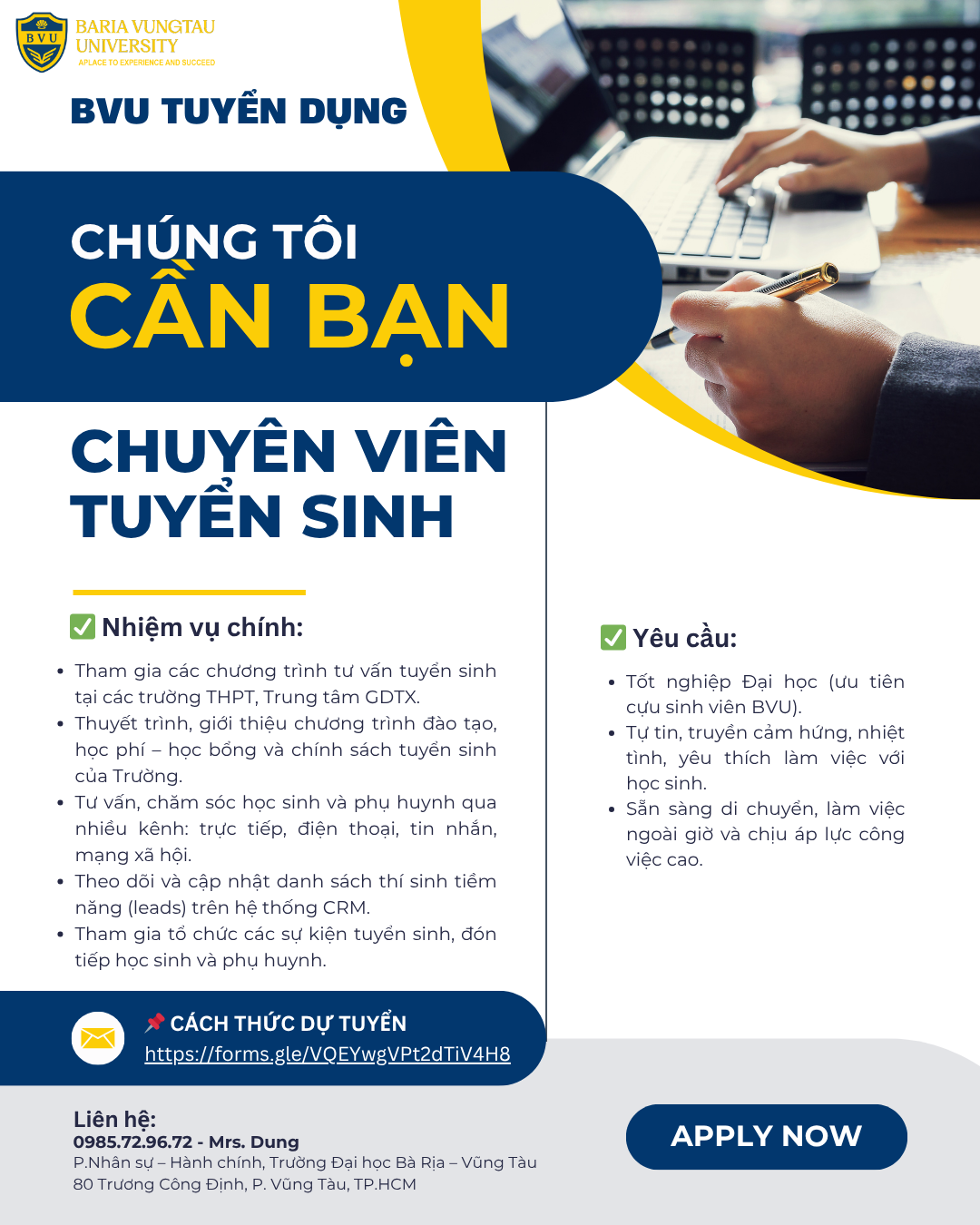 Tuyển dụng chuyên viên Trung tâm tuyển sinh BVU năm học 2025-2026