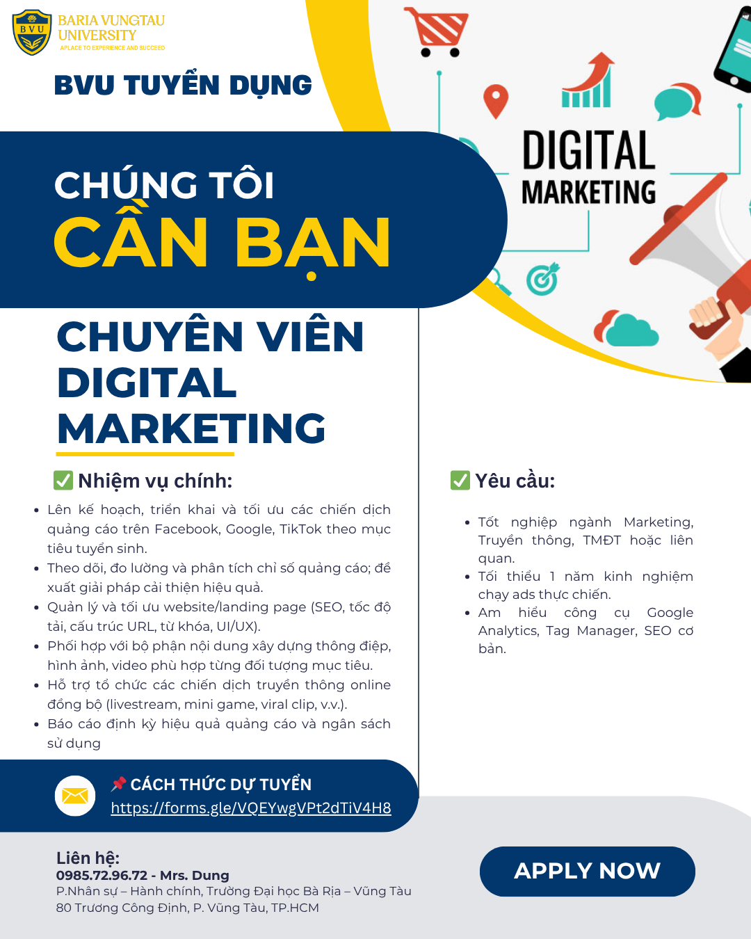 Tuyển dụng chuyên viên Trung tâm tuyển sinh BVU năm học 2025-2026
