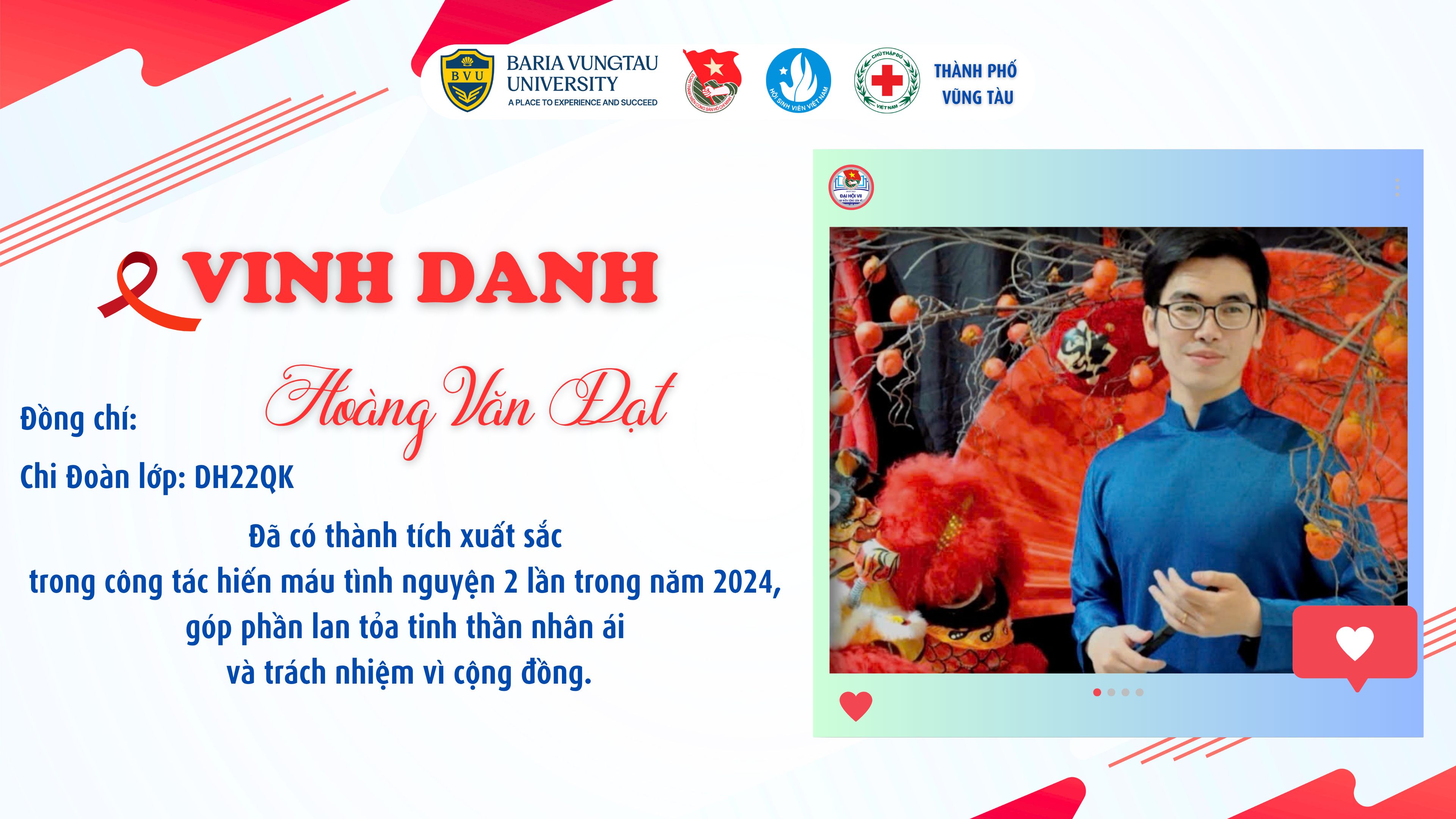 VINH DANH SINH VIÊN BVU TIÊU BIỂU TRONG PHONG TRÀO HIẾN MÁU TÌNH NGUYỆN