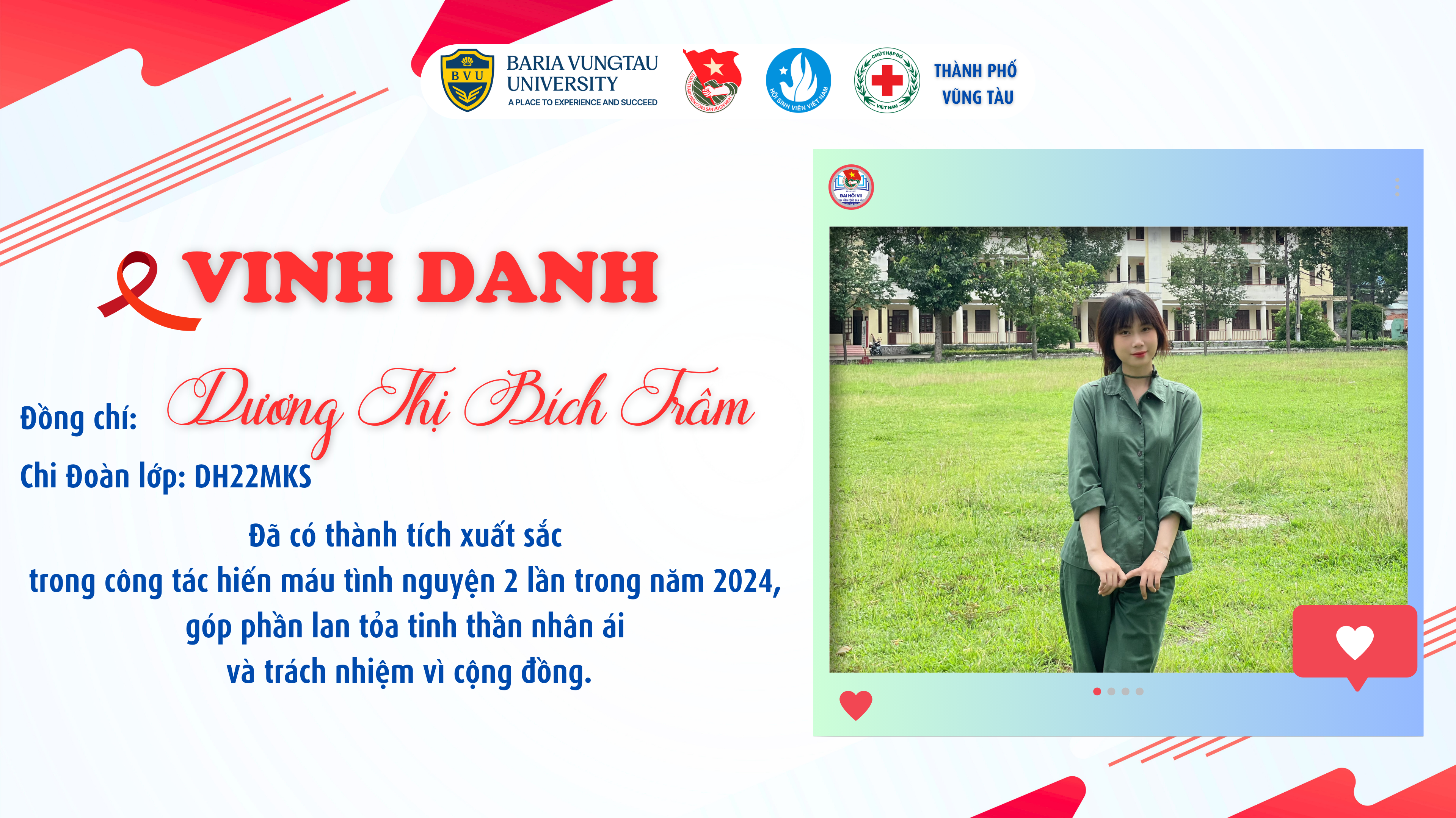 VINH DANH SINH VIÊN BVU TIÊU BIỂU TRONG PHONG TRÀO HIẾN MÁU TÌNH NGUYỆN