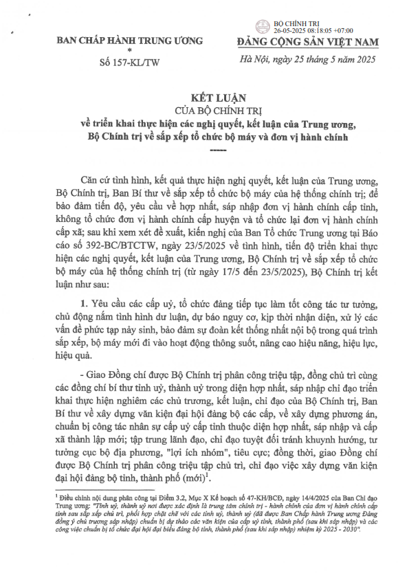 Tuyên truyên, triển khai Kết luận số 157-KL/TW, ngày 25/5/2025 của Bộ Chính trị