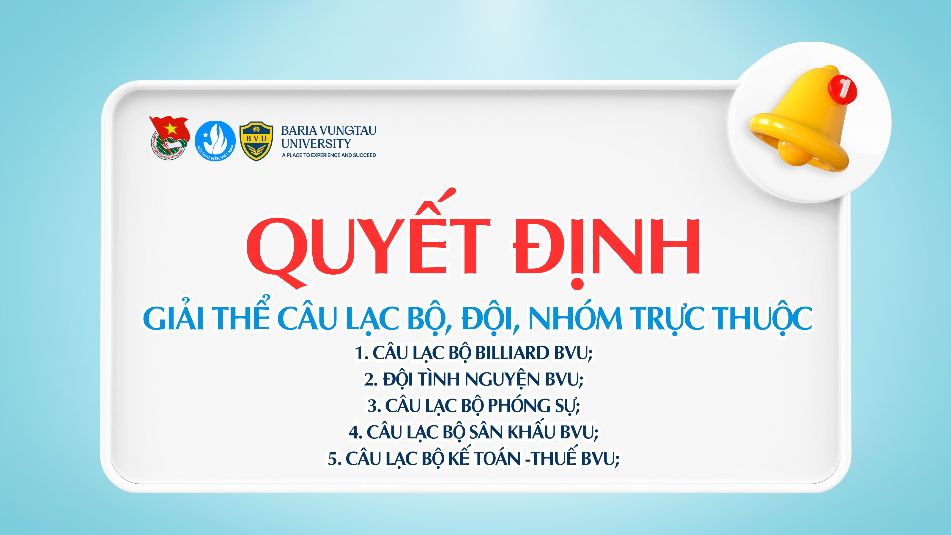 THÔNG BÁO VỀ VIỆC GIẢI THỂ CÁC CÂU LẠC BỘ, ĐỘI, NHÓM TRỰC THUỘC HSV TRƯỜNG