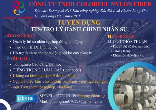 Công Ty TNHH Colorful Nylon Fiber tuyển gấp trợ lý hành chính nhân sự