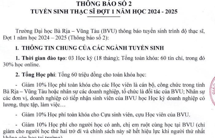 Thông báo số 2 : Tuyển sinh thạc sĩ đợt 1 năm học 2024 – 2025