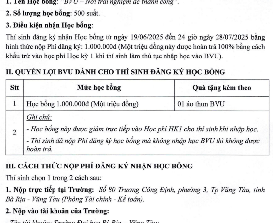 BVU – Hướng dẫn đăng ký nhận học bổng năm 2025