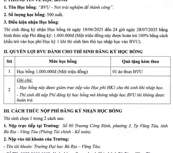 BVU – Hướng dẫn đăng ký nhận học bổng năm 2025