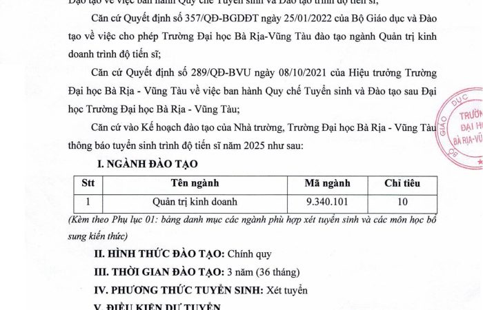 Thông báo Tuyển sinh trình độ Tiến sĩ năm 2025