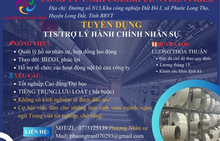 Công Ty TNHH Colorful Nylon Fiber tuyển gấp trợ lý hành chính nhân sự